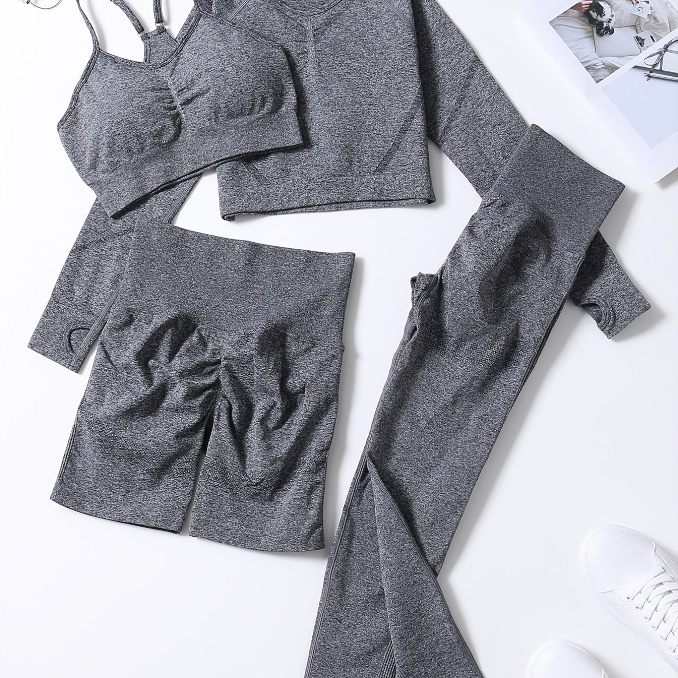 4pcs Women's Yoga Fitness Set Sleeveless Sports Bra Long Sleeve Thumb Hole Shirt