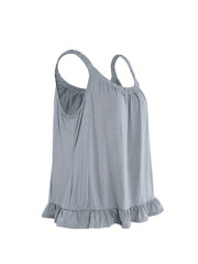 Casual Cami Top Women's Plus Solid Elastic Round Neck Ruffle Trim