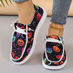 Women's Pumpkin Print Canvas Shoes Casual Lace Up Low Top Loafers Lightweight