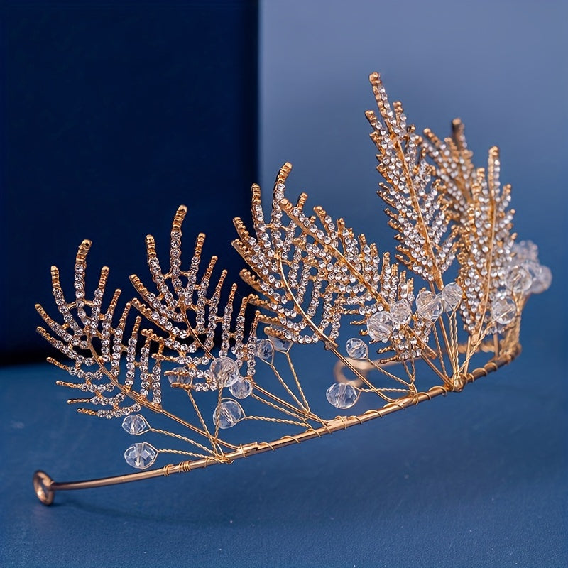 Golden Rhinestones Crown Headband Bridal Tiara Leaf Headpiece