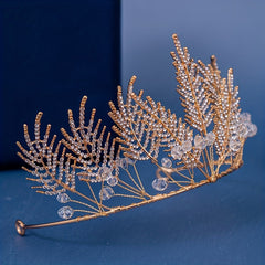 Golden Rhinestones Crown Headband Bridal Tiara Leaf Headpiece