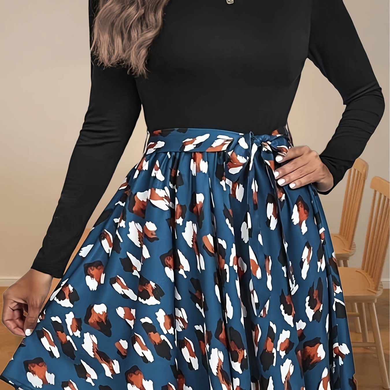 Colorblock Leopard Print Long Sleeve Dress with Belt