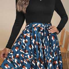 Colorblock Leopard Print Long Sleeve Dress with Belt