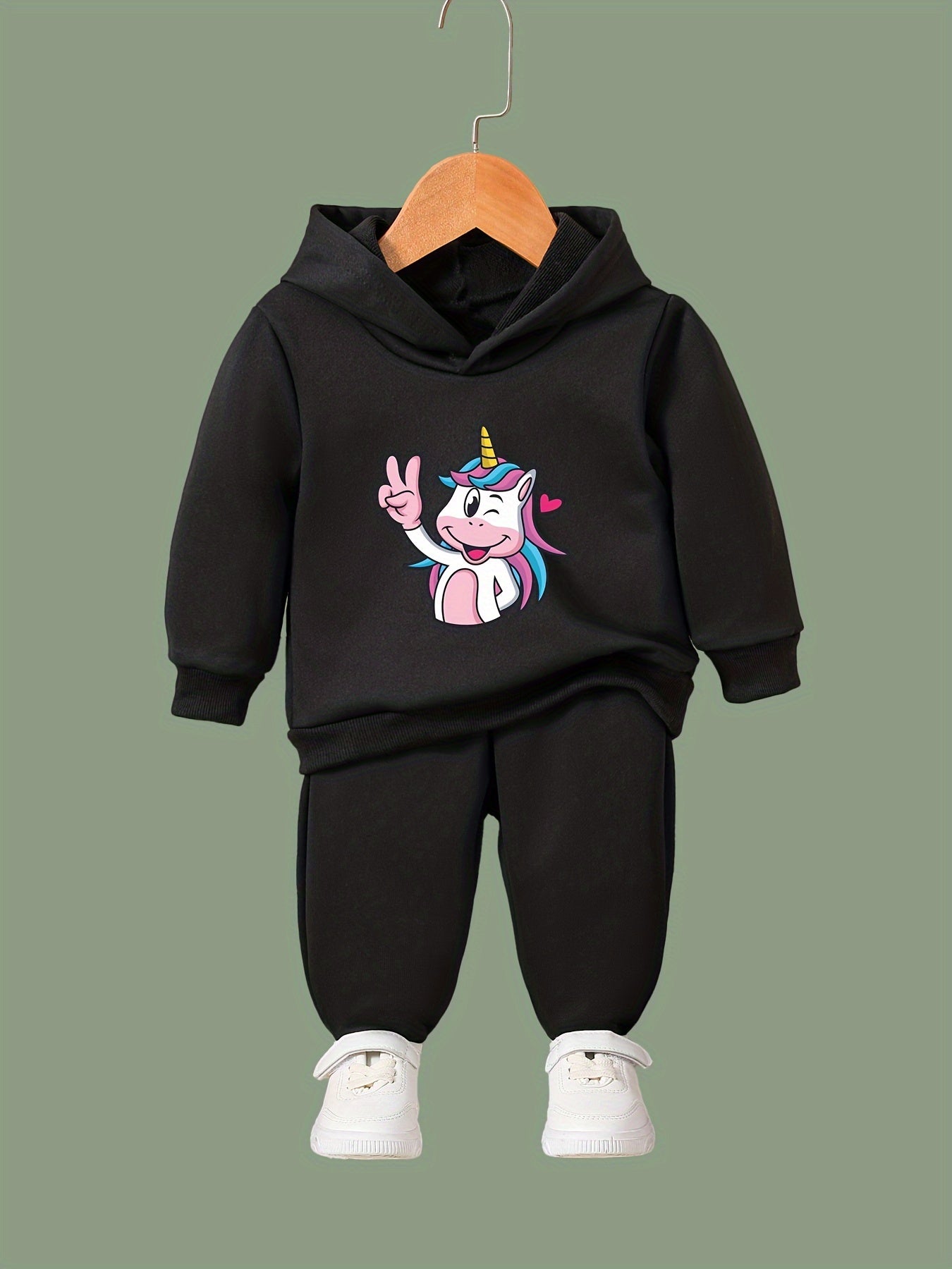 Cartoon Unicorn Hooded Pullover Pants Set For Sports Spring Fall