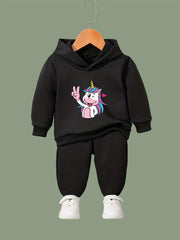 Cartoon Unicorn Hooded Pullover Pants Set For Sports Spring Fall