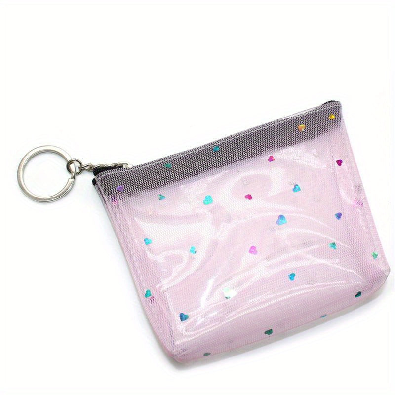 Clear Heart Decor Coin Purse With Keychain Mesh Cosmetic Bag Zipper Wallet