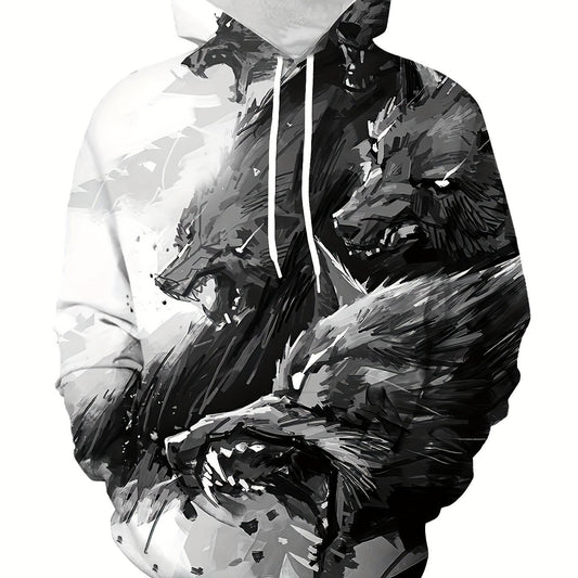Wolf Print Hoodies Men Graphic Hoodie Kangaroo Pocket Pullover Autumn Winter