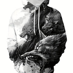 Wolf Print Hoodies Men Graphic Hoodie Kangaroo Pocket Pullover Autumn Winter