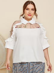 Contrast Mesh Ruffle Trim Blouse Plus 3/4 Sleeve