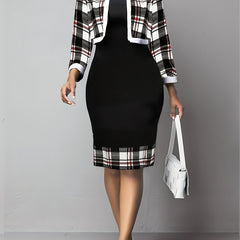 Colorblock Plaid Print Dress & Cardigan Set