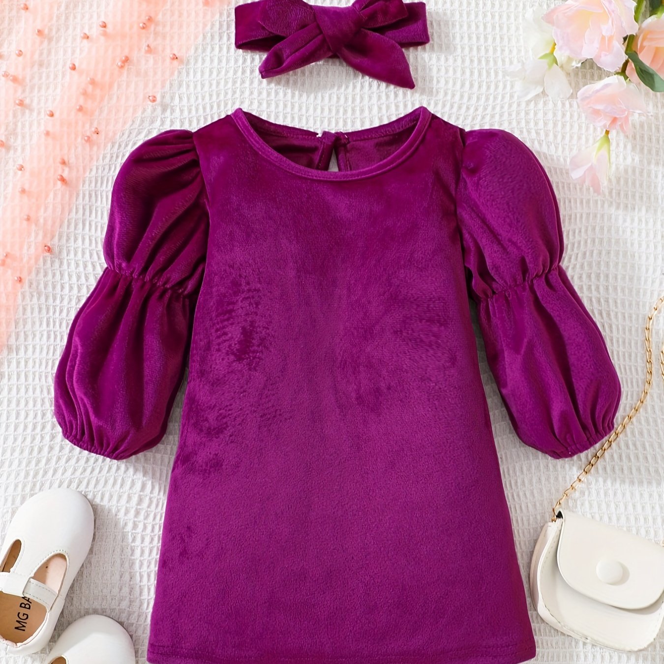 Baby Girls Velvet Puff Sleeve A line Dress