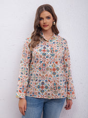 Boho Blouse Women's Plus Allover Print Long Sleeve Button Up Mock Neck Shirt Top