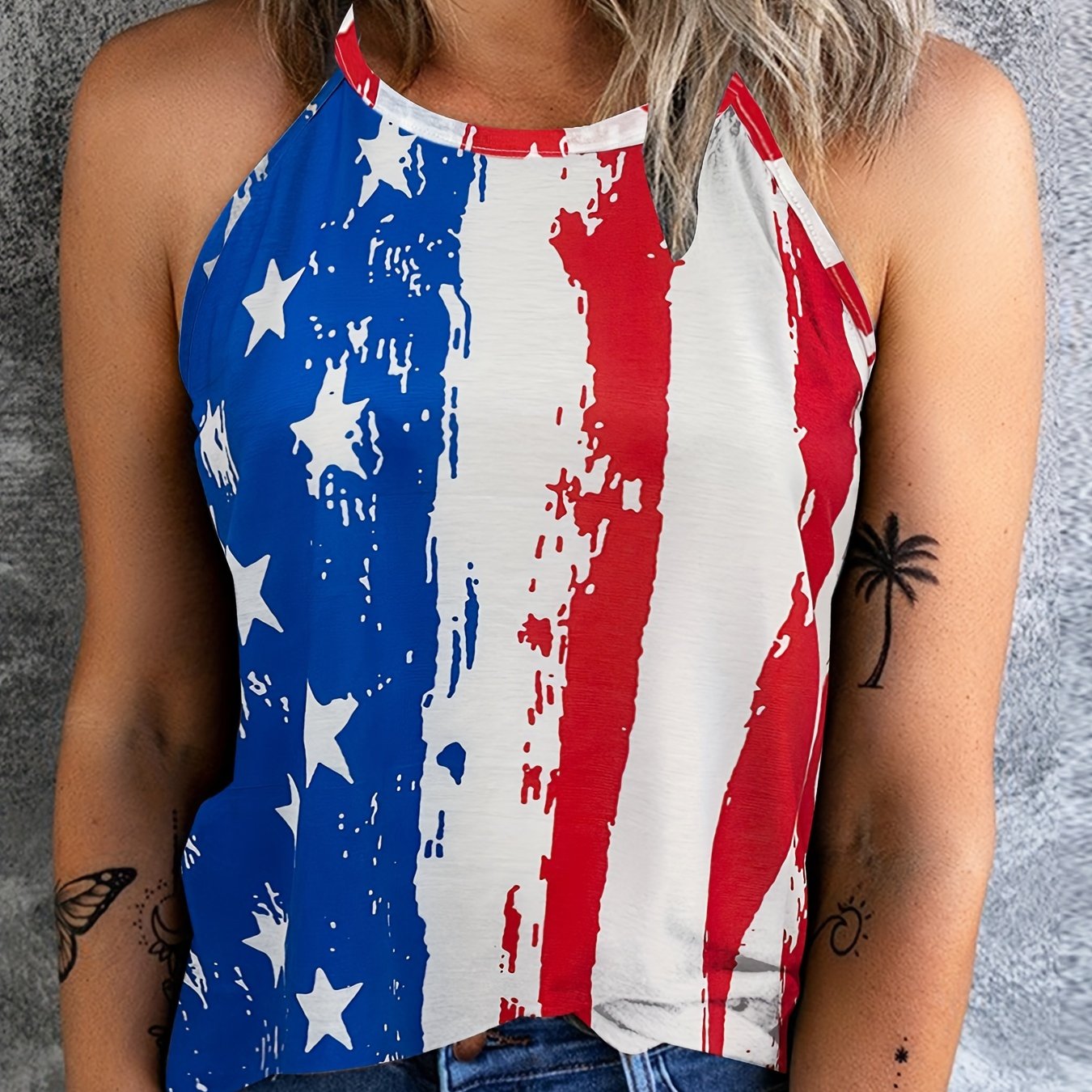 American Flag Print Halter Top Sleeveless Summer Top