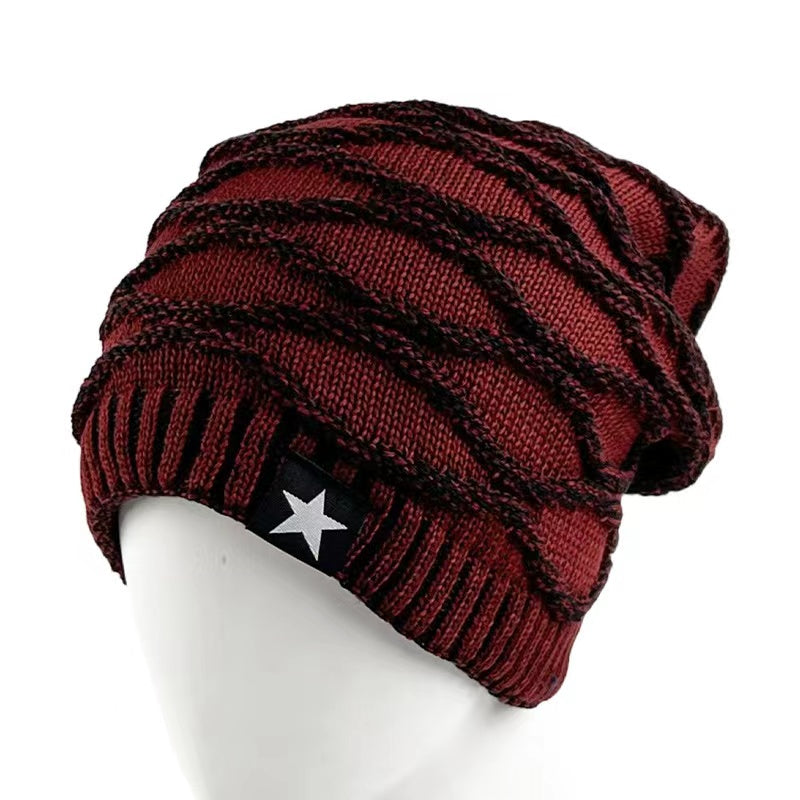 Striped Knitted Hat Men's Women's Plus Velvet Thickened Five star Woolen Hat