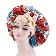 Boho Print Satin Bonnet Large Sleep Cap Bowknot Tied Hair Bonnet