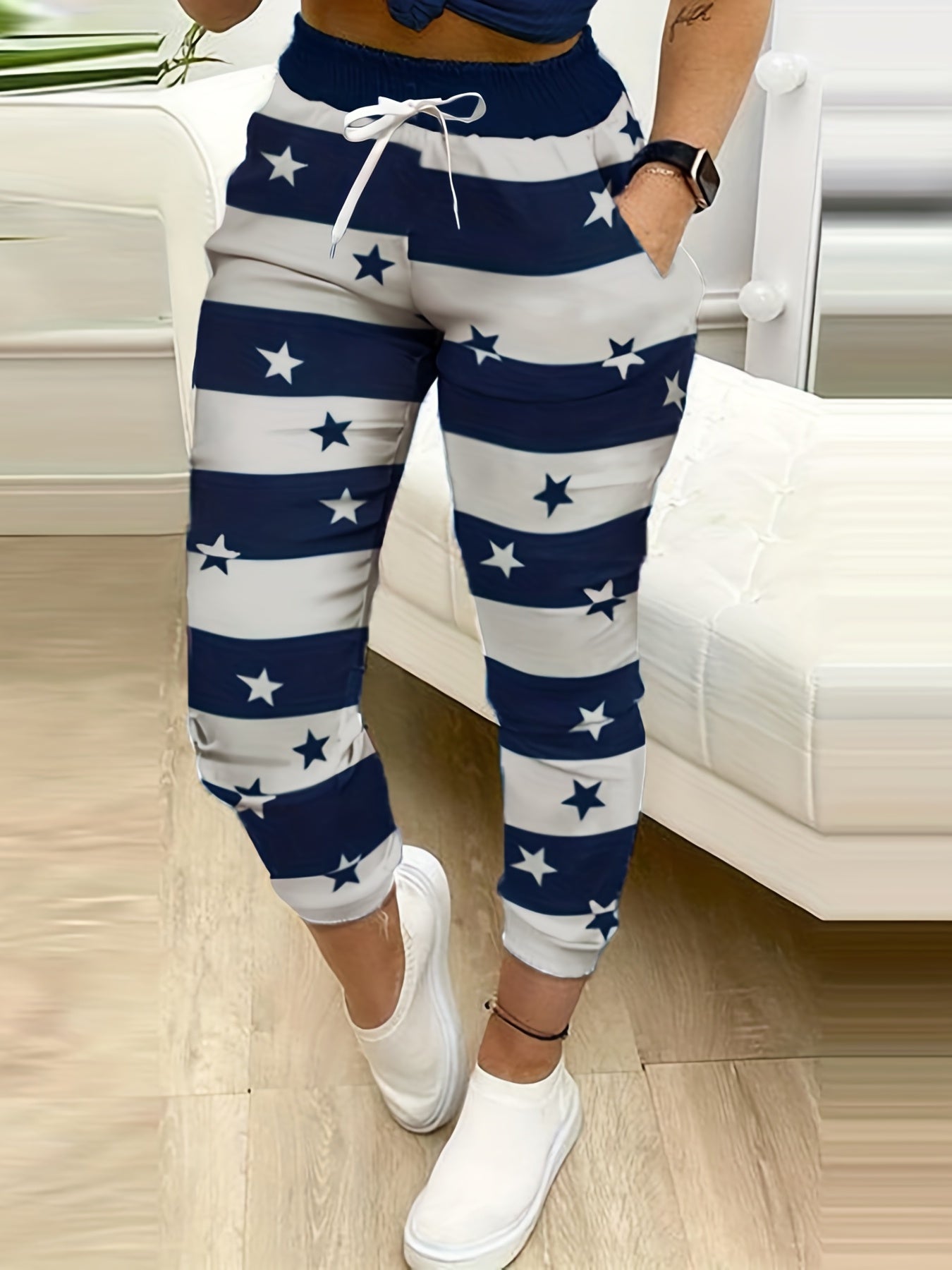 Stars Print Block Pants Casual Drawstring Summer Jogger Pants Women's Clothing