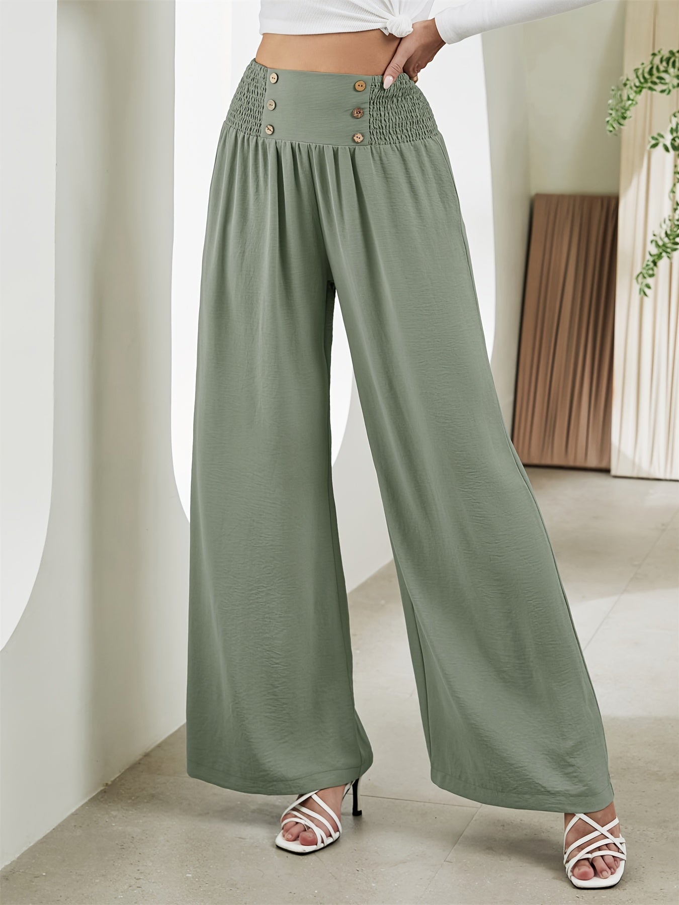 Smocked Waist Wide Leg Pants Solid Elastic Long Length