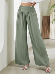 Smocked Waist Wide Leg Pants Solid Elastic Long Length