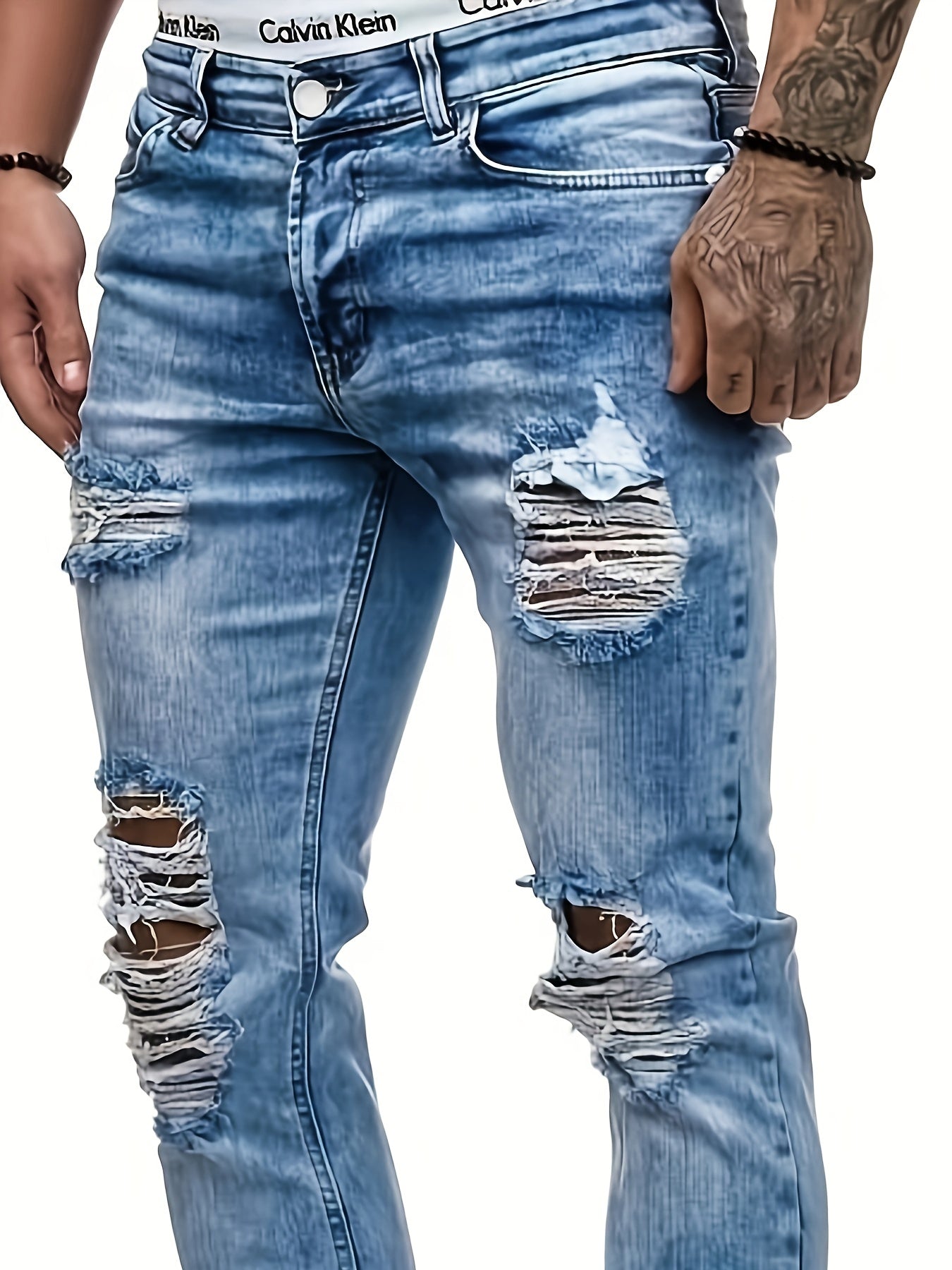Men's Slim Fit Ripped Jeans Distressed Stretch Denim Pants