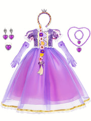 6pcs Girls Purple Princess Dress Costume Jewelry & Flower Hairband