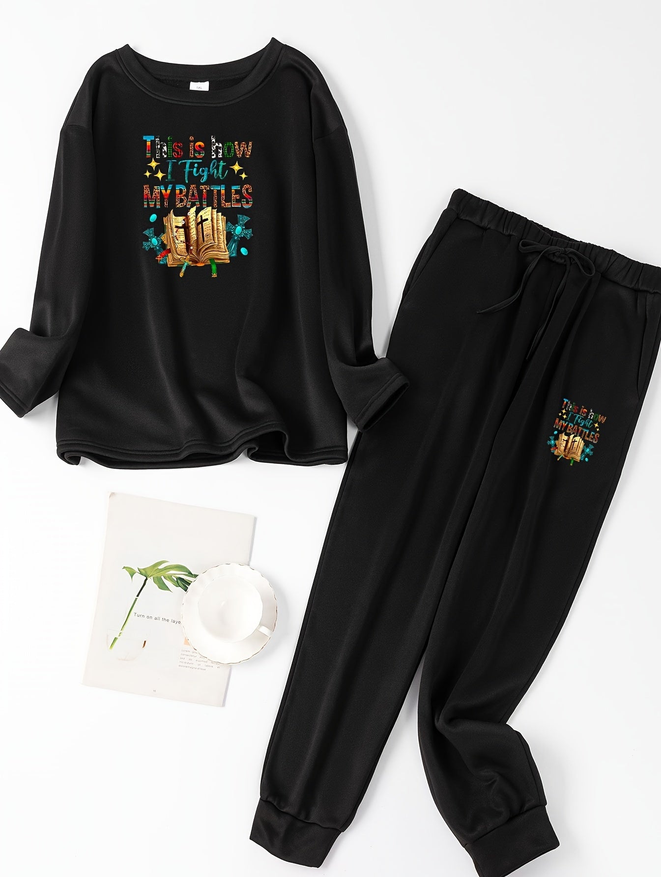 Slogan & Graphic Print 2 Piece Set Long Sleeve Round Neck Pajama