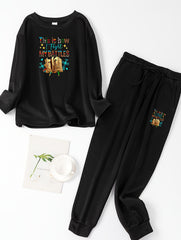 Slogan & Graphic Print 2 Piece Set Long Sleeve Round Neck Pajama