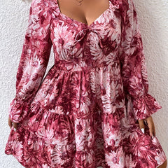 Floral Print Lantern Sleeve Sweetheart Neck Mini Smock Dress