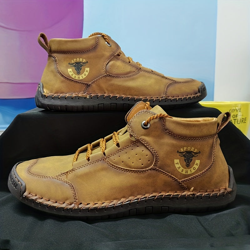 Men Leather Stitch Ankle Boots Non Slip Walking Sneakers