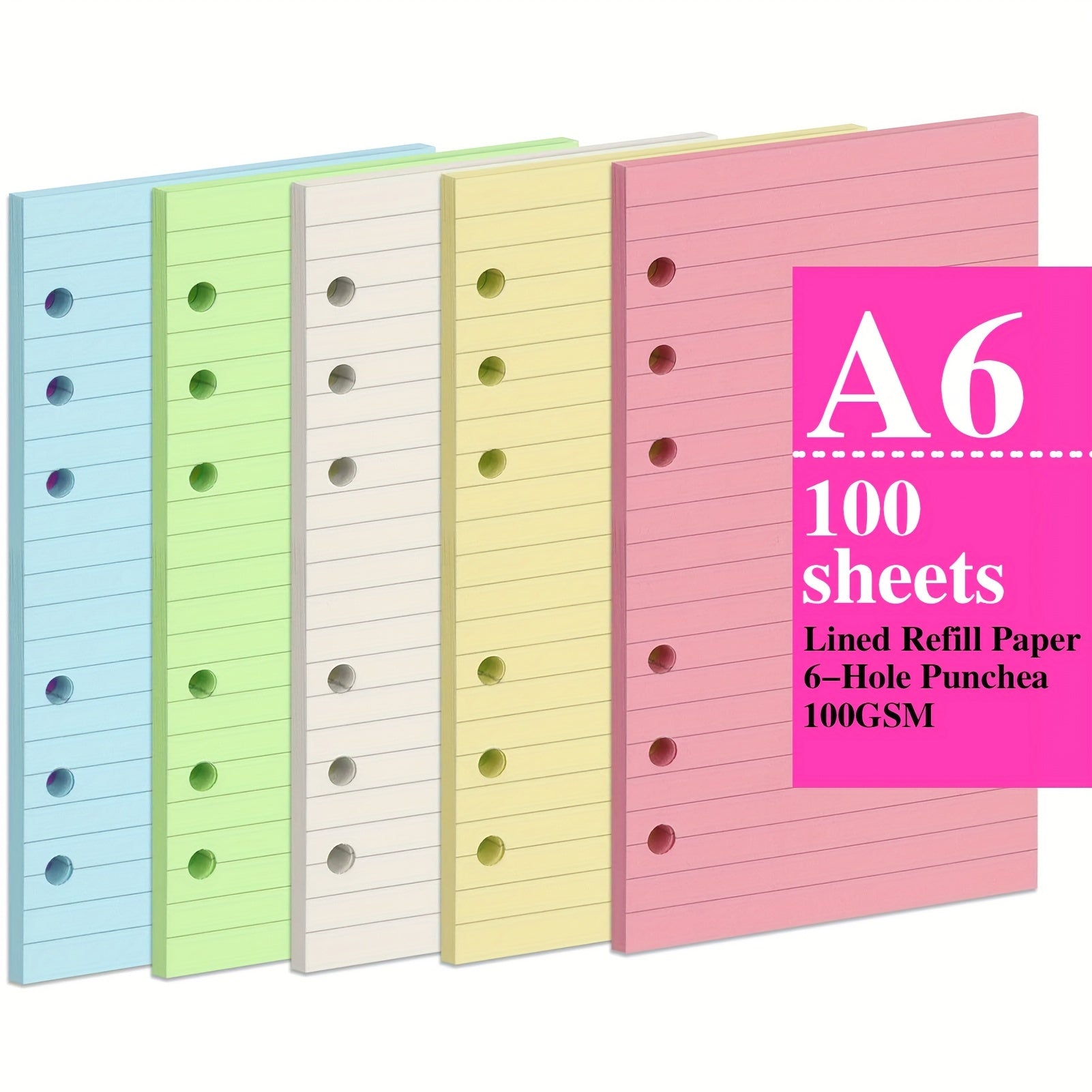 100 Sheets 200 Pages A6 Colorful Refill Paper 5 Colors Thick for 6 Ring Binder