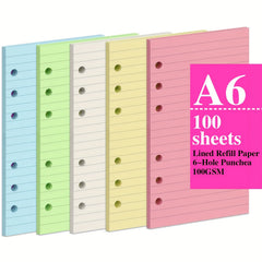 100 Sheets 200 Pages A6 Colorful Refill Paper 5 Colors Thick for 6 Ring Binder