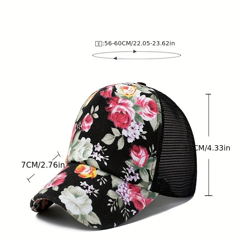 Vintage Flower Print Trucker Hat Baseball Cap Mesh Breathable