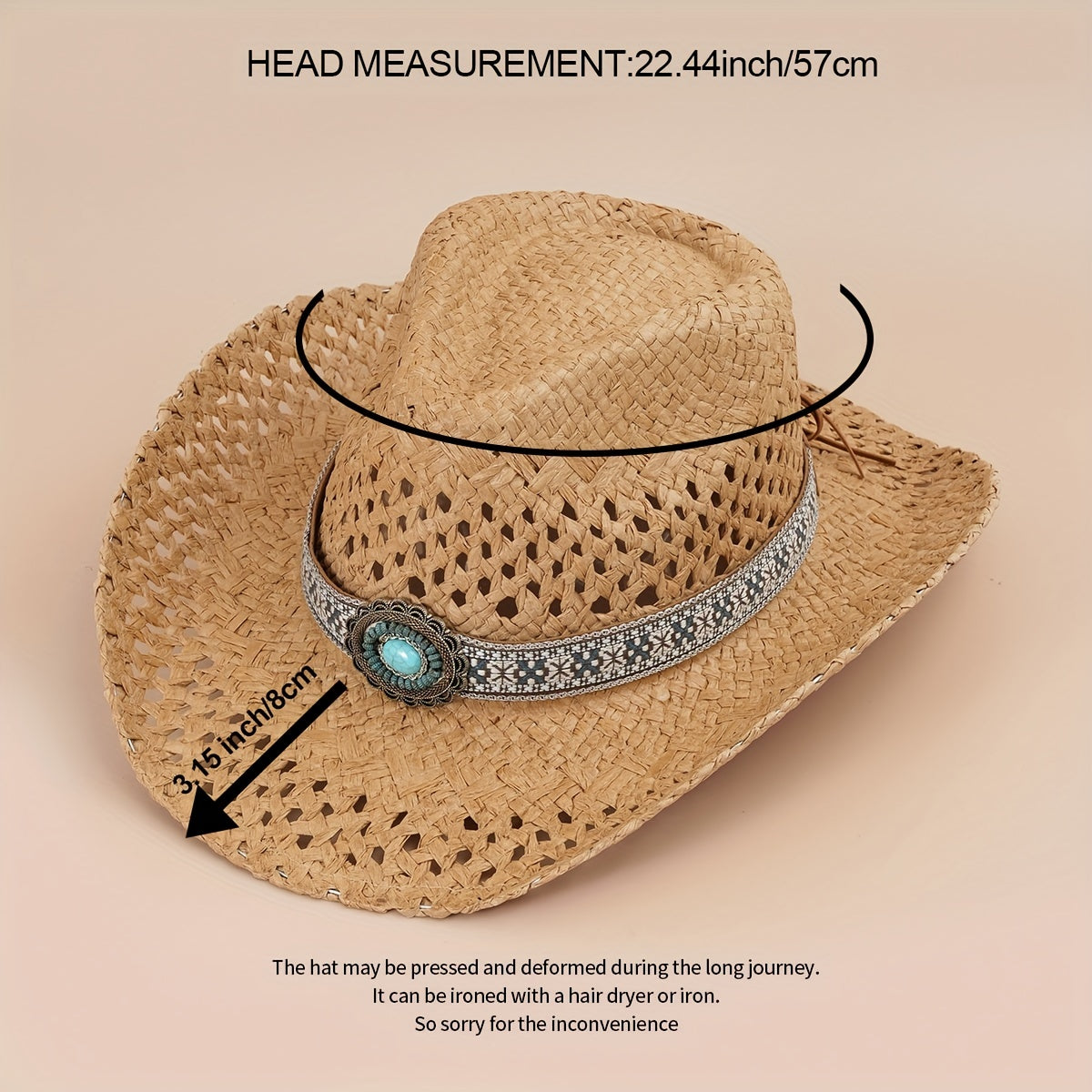 Turquoise Tassel Belt Cowboy Hat Vintage Western Hollow Crochet Straw Hat