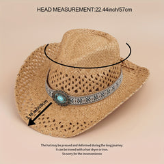 Turquoise Tassel Belt Cowboy Hat Vintage Western Hollow Crochet Straw Hat