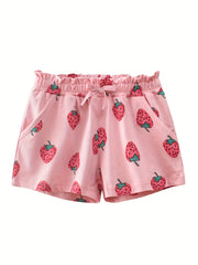 Toddler Girls Strawberry Graphic Bow Paperbag Waist Cotton Casual Shorts