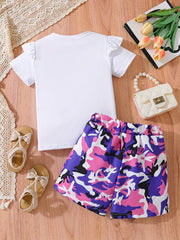 Girl's Camo Sunglasses Print T-Shirt & Shorts Set for Summer