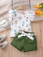 2pcs Girls Floral T-Shirt & Shorts Set Kids Summer Clothes