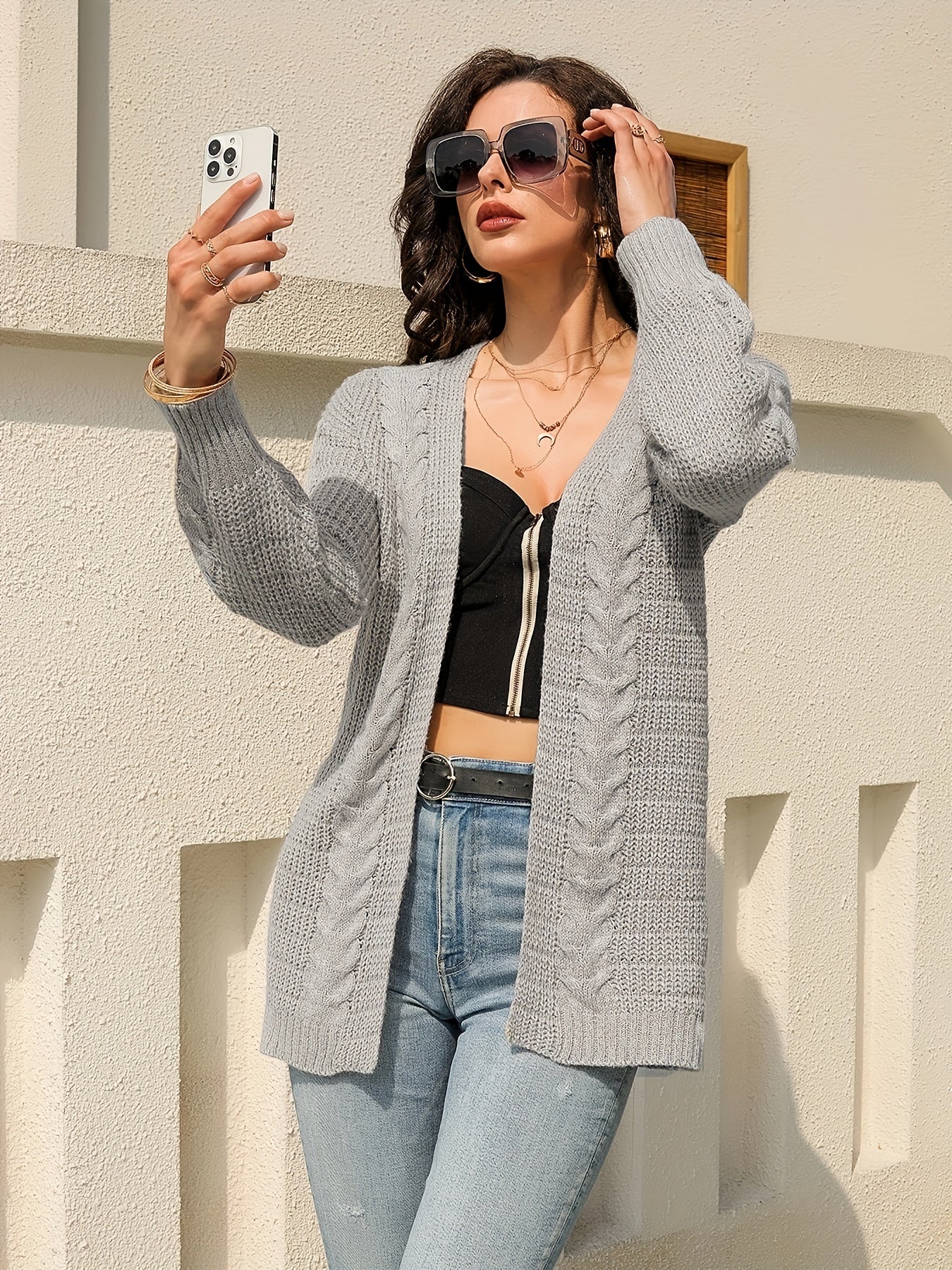 Twist Pattern Open Front Cardigan Long Sleeve Casual Cardigan