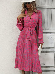 Floral Print Button Belted Pleated Dress Flounce Sleeve Midi Dress