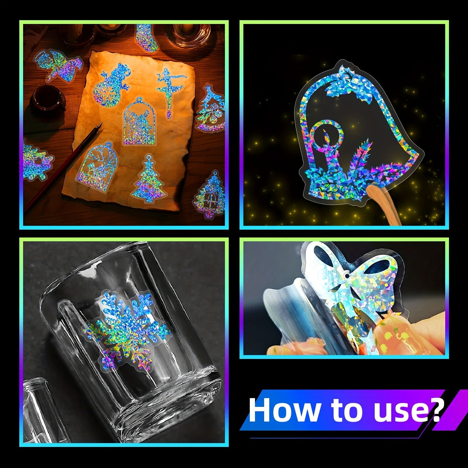 50pcs Laser Merry Christmas Stickers Bright Holographic PET Streamer Stickers