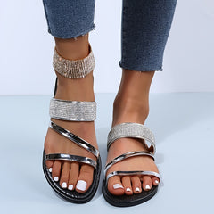 Women's Rhinestone Flat Slippers Open Round Toe Slides