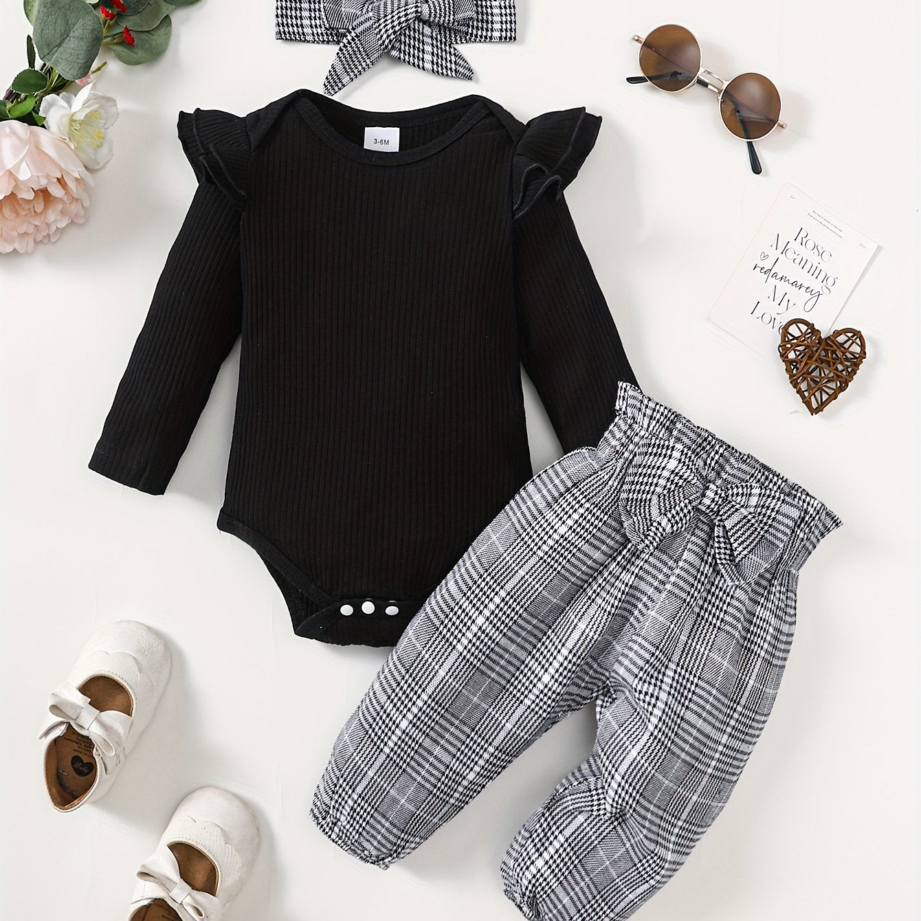 Baby Girls Long Sleeve Romper Top Plaid Trousers Set