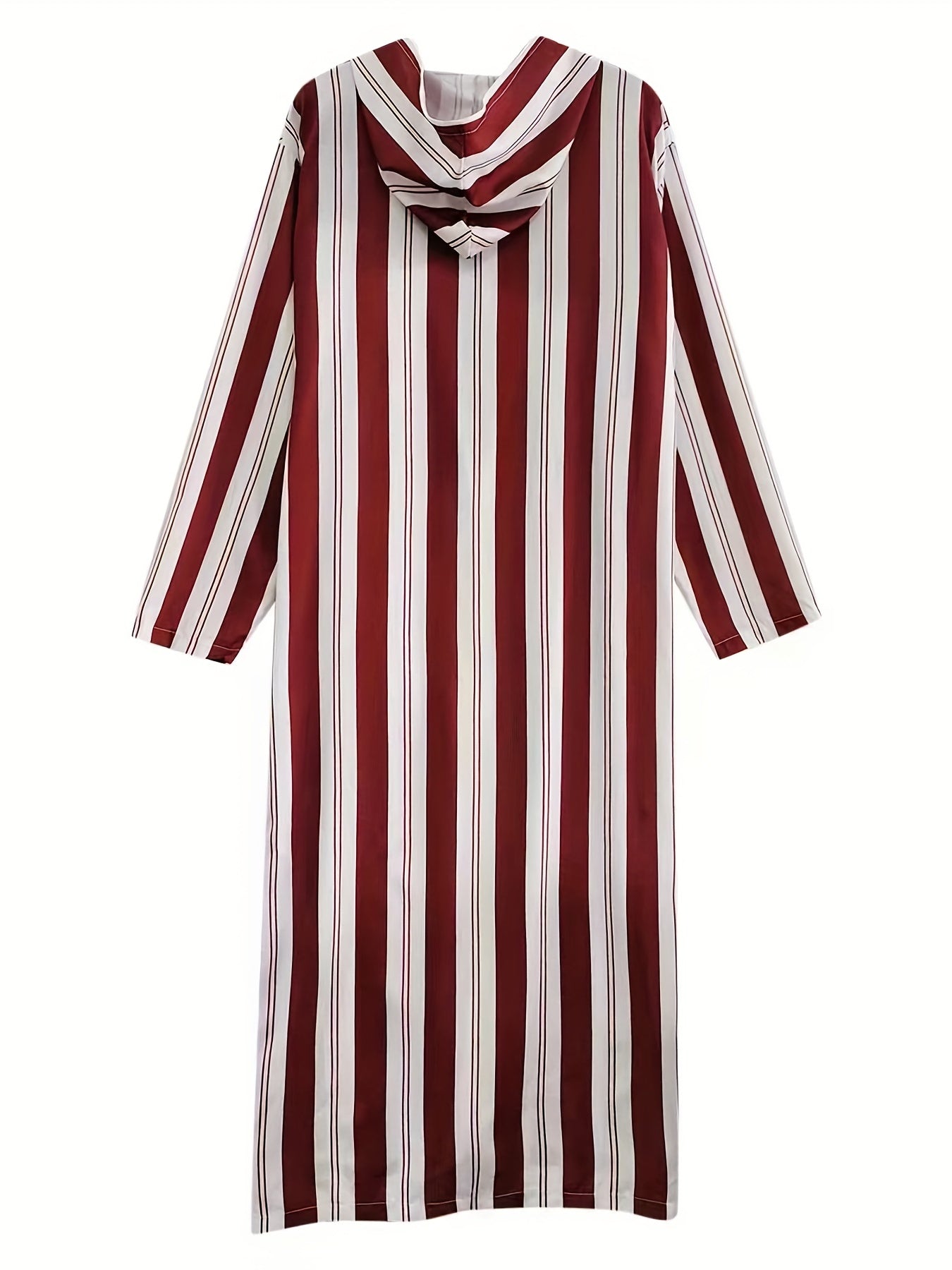 Islamic Arabic Hooded Kaftan Men Long Sleeve Vertical Striped V Neck