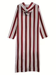 Islamic Arabic Hooded Kaftan Men Long Sleeve Vertical Striped V Neck