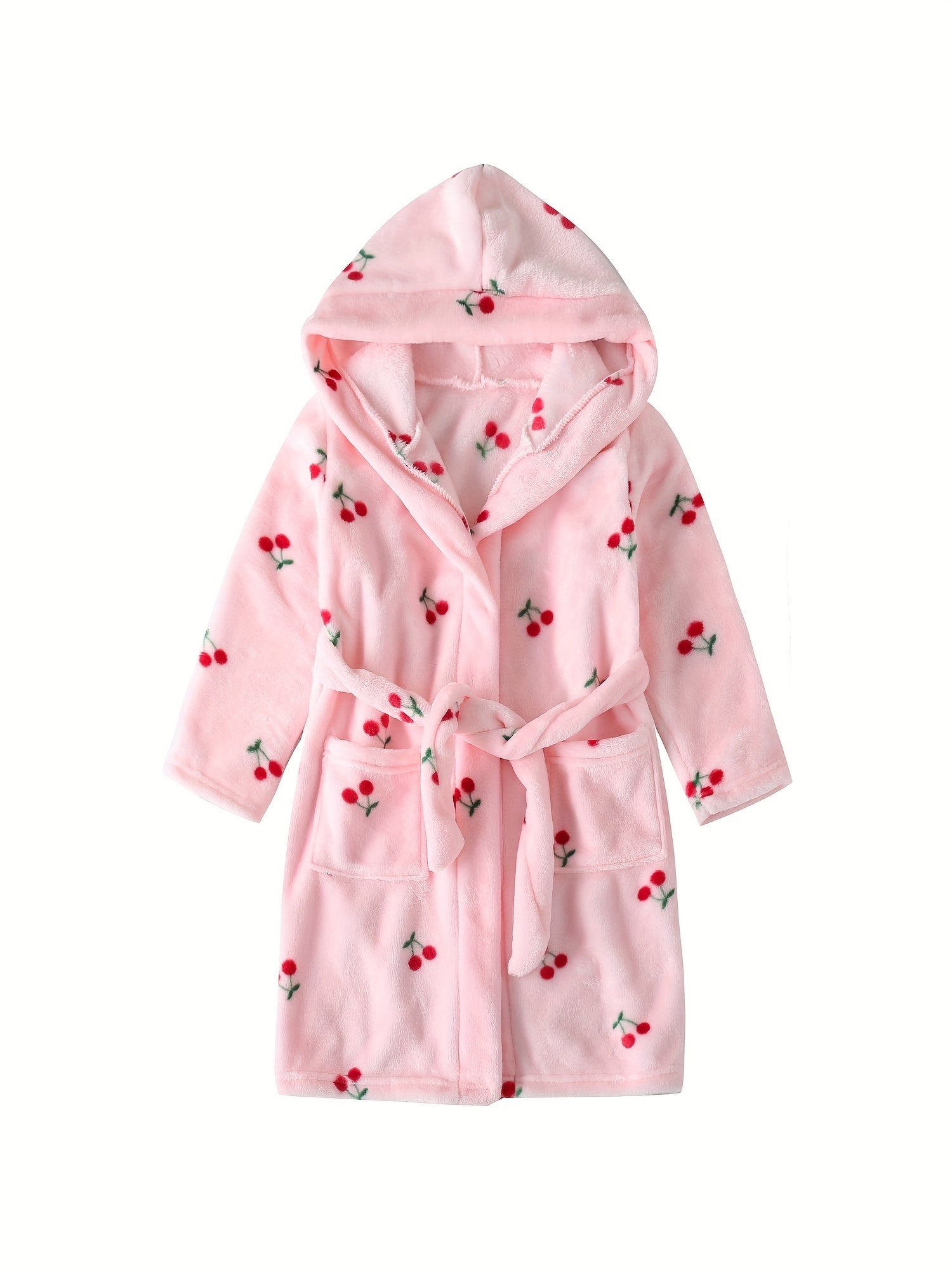 Girls Hooded Bathrobe Strawberry Pattern Flannel Soft Warm Pockets Belt Robe