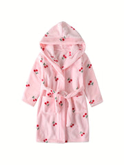 Girls Hooded Bathrobe Strawberry Pattern Flannel Soft Warm Pockets Belt Robe