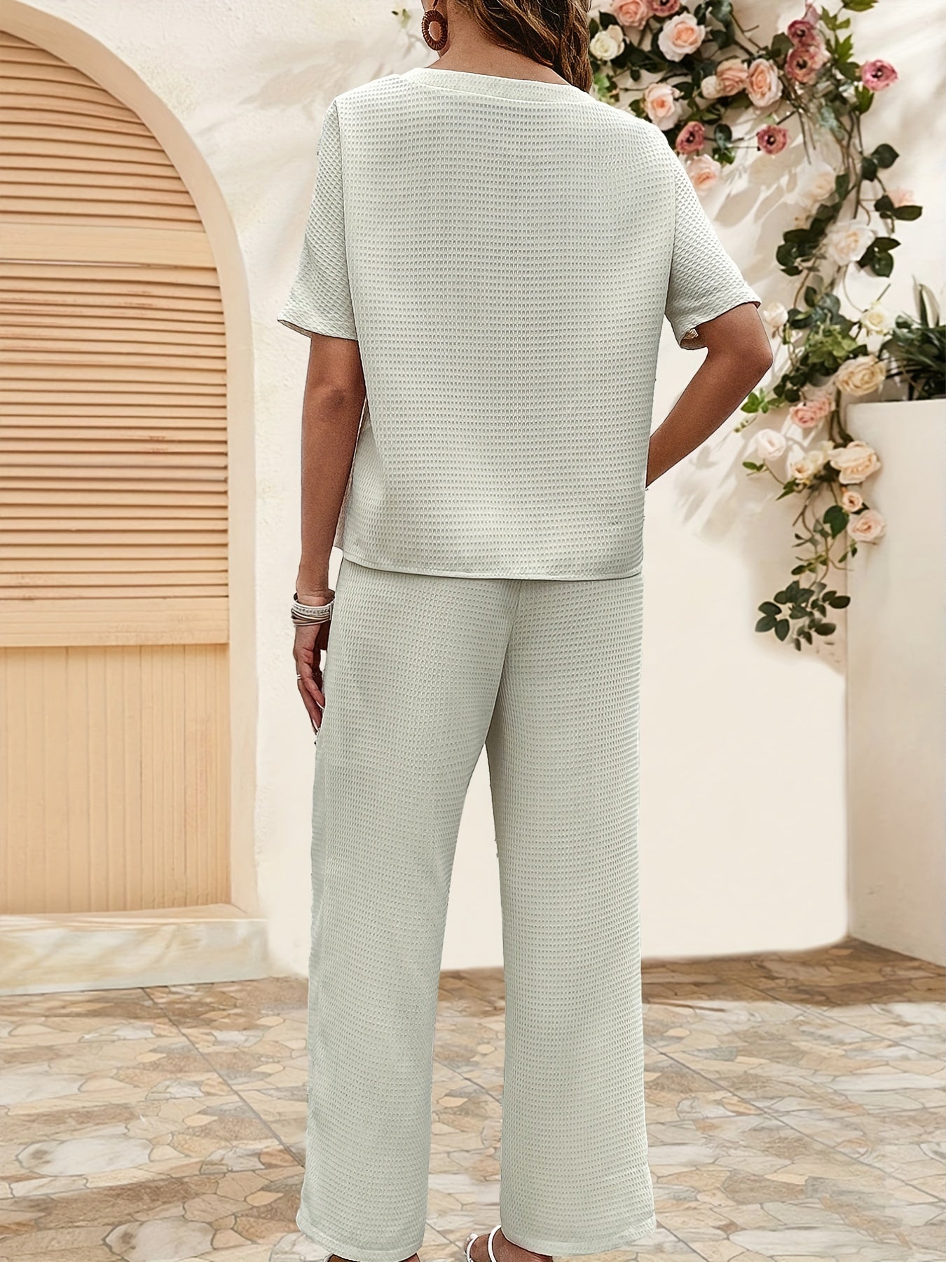Casual Two piece Set Crew Neck Short Sleeve Tops & Drawstring Wide Leg Pants