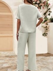 Casual Two piece Set Crew Neck Short Sleeve Tops & Drawstring Wide Leg Pants