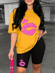 Lips & Crown Print Two Piece Set Casual Short Sleeve T shirt & Biker Shorts