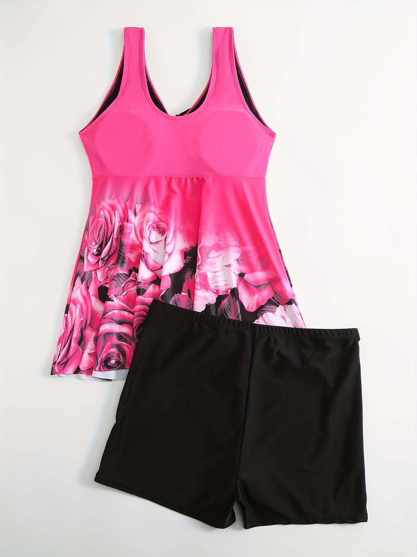 Rose Print Tankini Set Women's Plus Swimsuits Two Piece Set