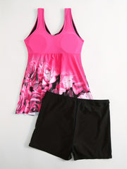 Rose Print Tankini Set Women's Plus Swimsuits Two Piece Set